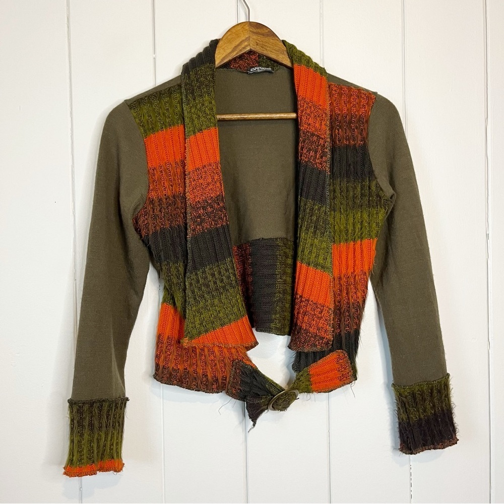 Vintage Olive Green Cardigan with Orange and Brown Stripe Trim